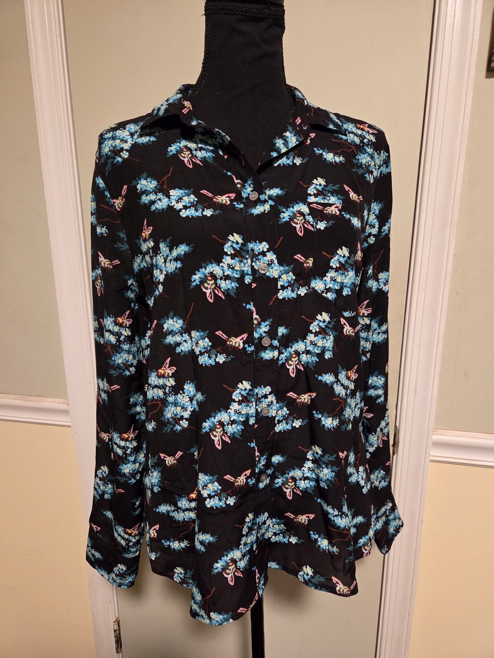 J. Crew Silk Black Button-Up Blouse with Blue Floral & Pink Accents